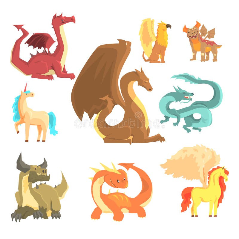 Mitologiczni zwierzęta, set dla etykietka projekta Smok, jednorożec, Pegasus, gryf, kreskówka wyszczególniał ilustracje ilustracja wektor
