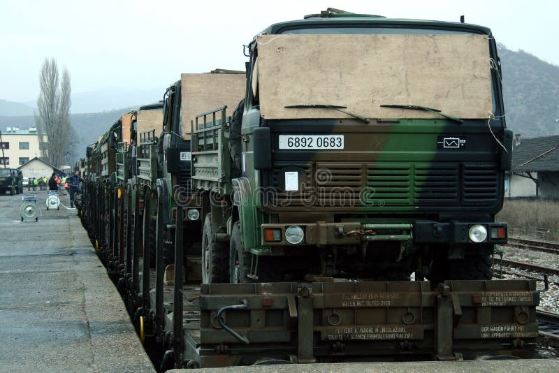 MITROVICA, KOSOVO - FEBRUARY 17, 2009: French army truck being shipped on a train, ready to leave the train station of Mitrovica