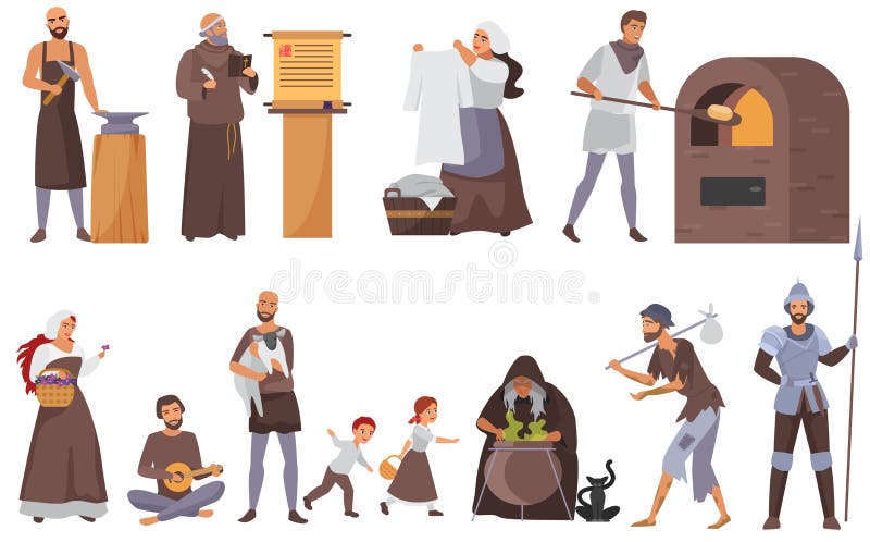 Medieval people vector illustration set. Cartoon flat historical middle ages characters collection with peasant family, blacksmith and priest, laundress, beggar in historic costumes isolated on white. Medieval people vector illustration set. Cartoon flat historical middle ages characters collection with peasant family, blacksmith and priest, laundress, beggar in historic costumes isolated on white