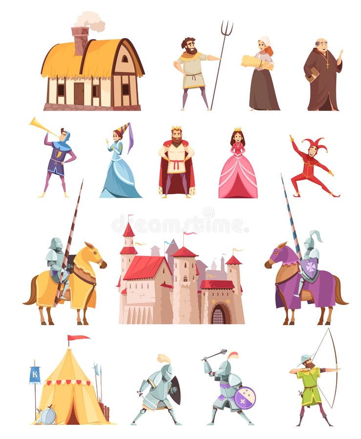 Medieval characters historical buildings cartoon icons set with castle ridders tent peasant king knight princess isolated vector illustration. Medieval characters historical buildings cartoon icons set with castle ridders tent peasant king knight princess isolated vector illustration