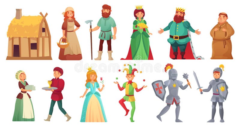 Medieval historical characters. Historic royal court alcazar knights, medieval peasant and king historic costume fairytale ancient aged isolated cartoon vector character icons set. Medieval historical characters. Historic royal court alcazar knights, medieval peasant and king historic costume fairytale ancient aged isolated cartoon vector character icons set