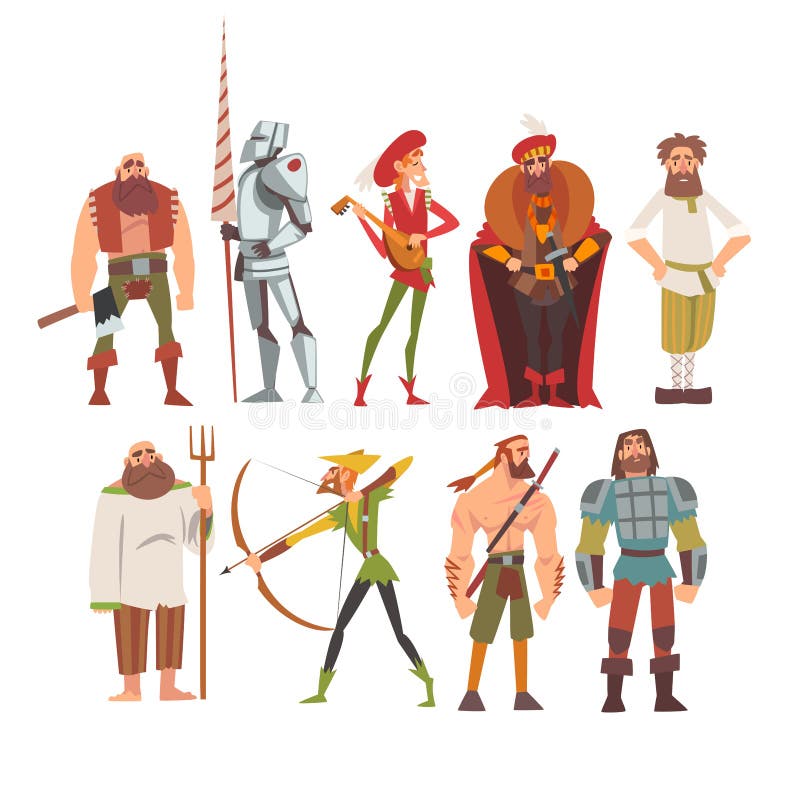 Medieval Historical Cartoon Characters in Traditional Costumes Set, Peasant, Warrior, Nobleman, Archer, Musician, Peasant Vector Illustration on White Background. Medieval Historical Cartoon Characters in Traditional Costumes Set, Peasant, Warrior, Nobleman, Archer, Musician, Peasant Vector Illustration on White Background.