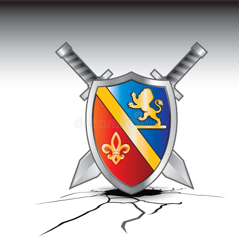 Mittelalterliche Klingen und Schild auf gebrochenem Boden vektor abbildung Mittelalterliche Klingen und Schild auf gebrochenem Boden vektor abbildung