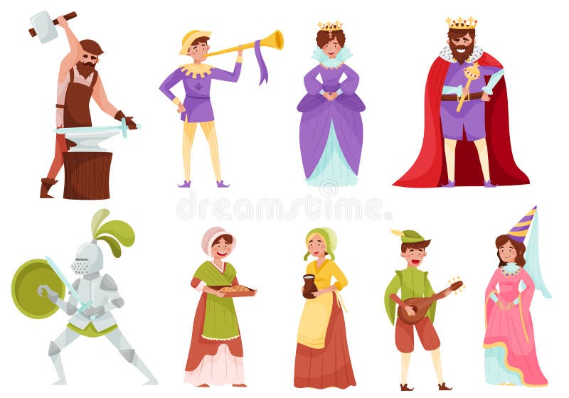 Medieval People Characters with Armoured Knight and Peasant Carrying Milk Vector Set. Male and Female from Middle Ages Concept. Medieval People Characters with Armoured Knight and Peasant Carrying Milk Vector Set. Male and Female from Middle Ages Concept