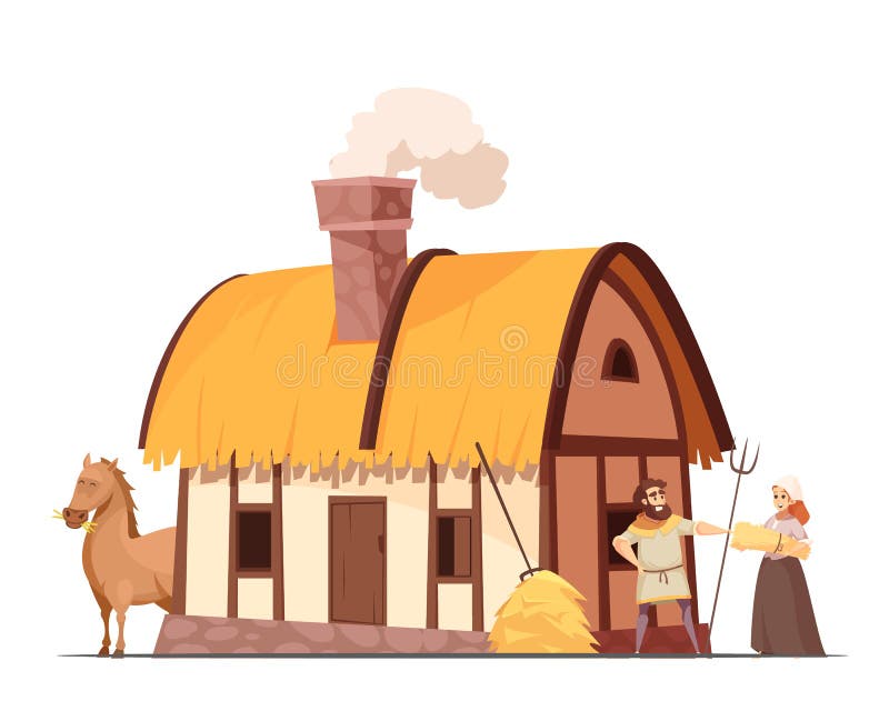 Medieval peasant family household with hatched roof house backyard horse and stack of hay cartoon vector illustration. Medieval peasant family household with hatched roof house backyard horse and stack of hay cartoon vector illustration