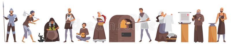 Medieval people set vector illustration. Cartoon knight warrior in armor, priest and beggar, family of peasants, blacksmith person in historic costumes isolated white. Middle age, fairytale concept. Medieval people set vector illustration. Cartoon knight warrior in armor, priest and beggar, family of peasants, blacksmith person in historic costumes isolated white. Middle age, fairytale concept