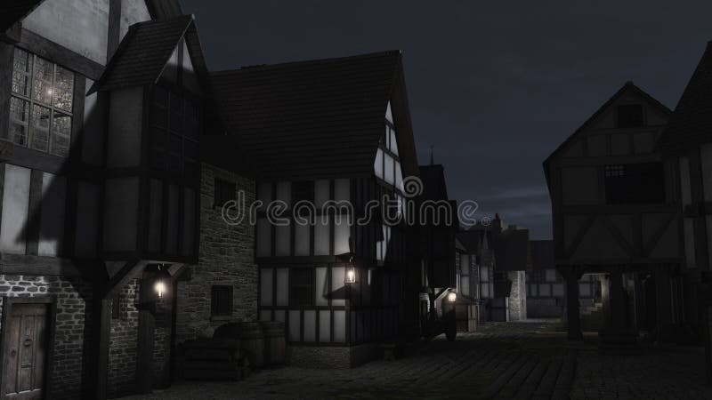 Street Scene at night set in a European town during the Middle Ages or Medieval period with half-timbered houses and market hall, 3d digitally rendered illustration. Street Scene at night set in a European town during the Middle Ages or Medieval period with half-timbered houses and market hall, 3d digitally rendered illustration