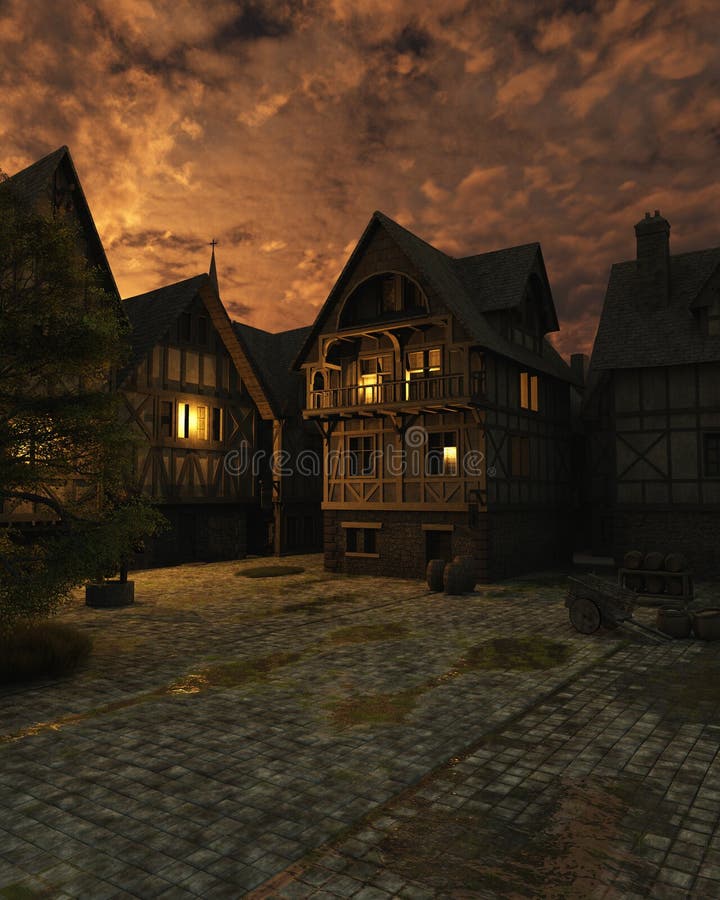 Illustration of a street scene set in a European town during the Middle Ages or Medieval period just after sunset with lit windows, 3d digitally rendered illustration. Illustration of a street scene set in a European town during the Middle Ages or Medieval period just after sunset with lit windows, 3d digitally rendered illustration