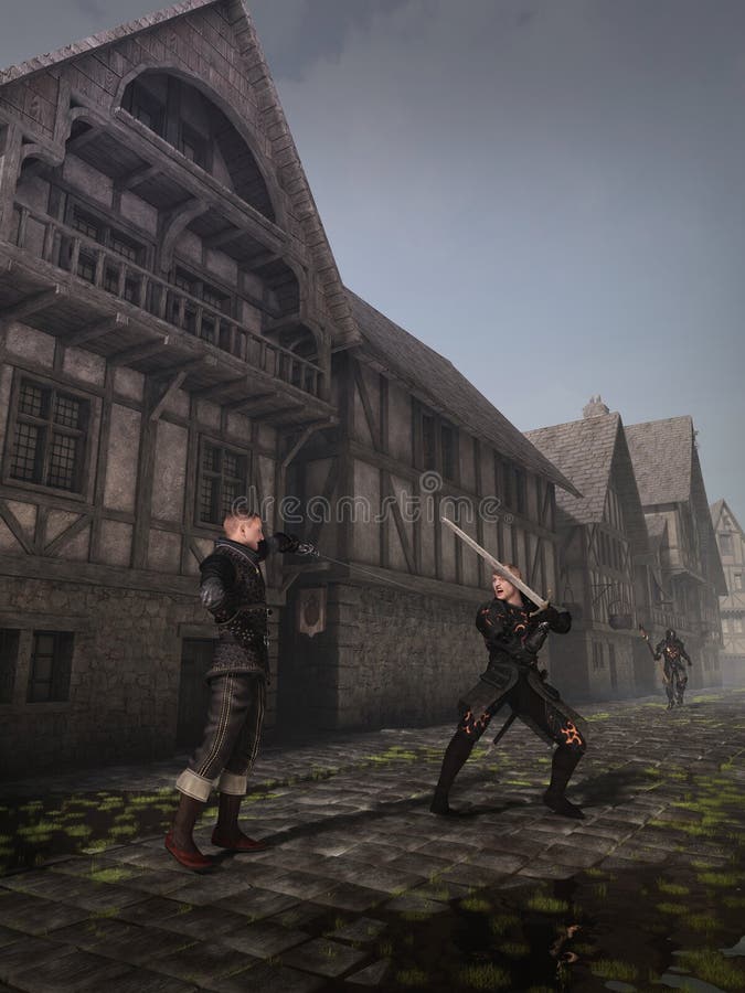 Two swordsmen fighting in the street of a Medieval or fantasy town, 3d digitally rendered illustration. Two swordsmen fighting in the street of a Medieval or fantasy town, 3d digitally rendered illustration