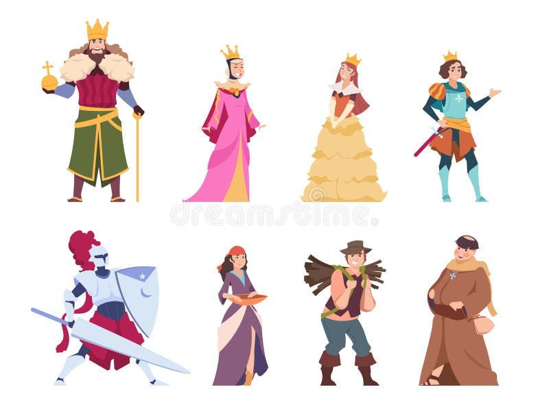 Medieval characters. Flat historical people, king queen prince and princess royal set. Vector cartoon renaissance costume fairytale knights and peasant. Medieval characters. Flat historical people, king queen prince and princess royal set. Vector cartoon renaissance costume fairytale knights and peasant