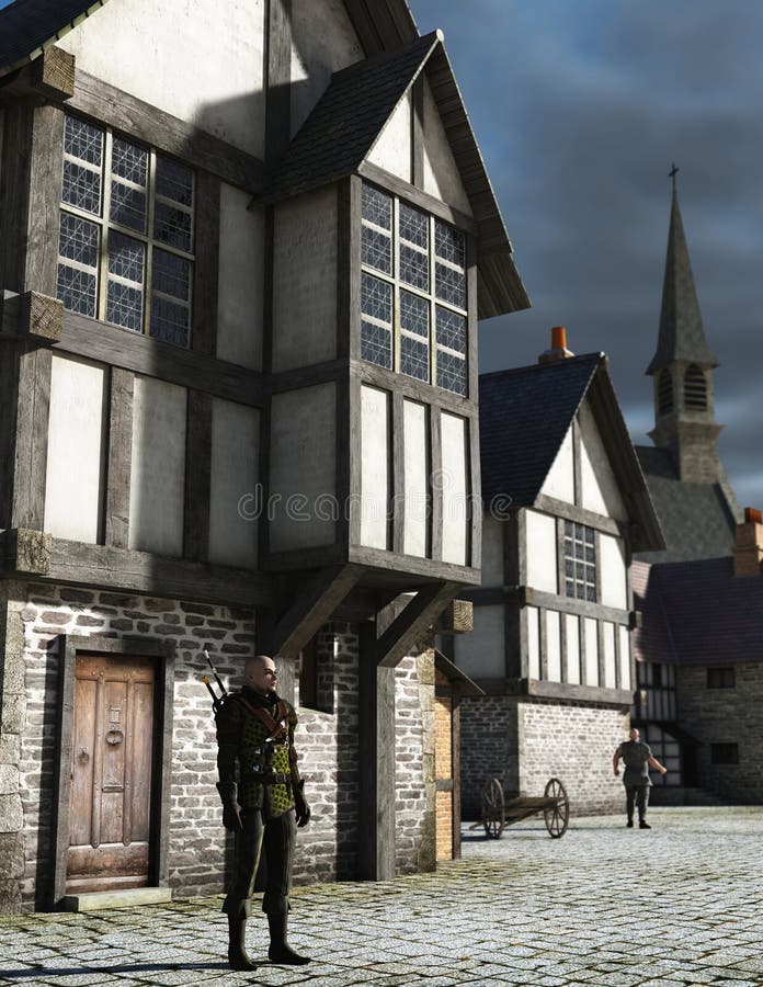 Medieval or historical fantasy town watchman standing guard in the street at dusk, 3d digitally rendered illustration. Medieval or historical fantasy town watchman standing guard in the street at dusk, 3d digitally rendered illustration