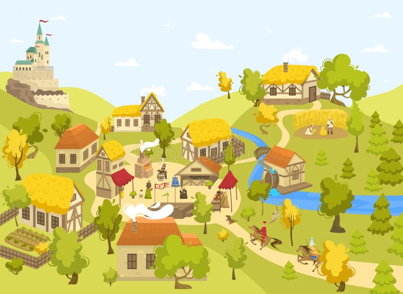 Medieval village with castle, half timbered houses and people on market square, vector illustration. Blacksmith artisan, Medieval peasant and horseman cartoon character in Middle Ages town countryside. Medieval village with castle, half timbered houses and people on market square, vector illustration. Blacksmith artisan, Medieval peasant and horseman cartoon character in Middle Ages town countryside