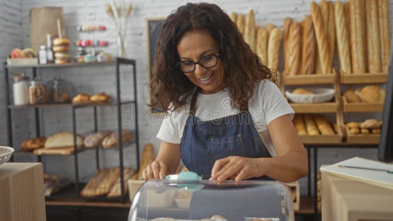 Mittlere Frau, die in einer Bäckerei arbeitet, umgeben von frischem Brot und Gebäck, das lächelt, wenn sie Gegenstände in einem Sc lizenzfreies stockbild