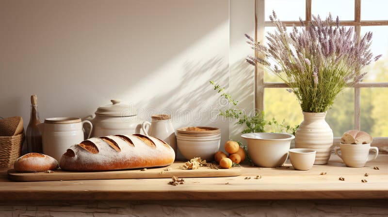 Pâine proaspătă pe masă de lemn. creat cu ajutor generativ stock image