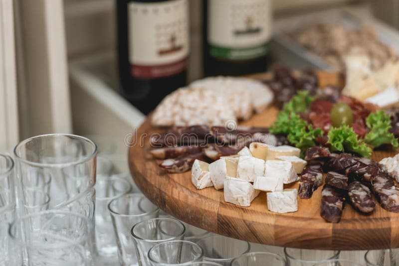 Mix Cheese on Wooden Board with Meat and Bread Stock Photo Image of