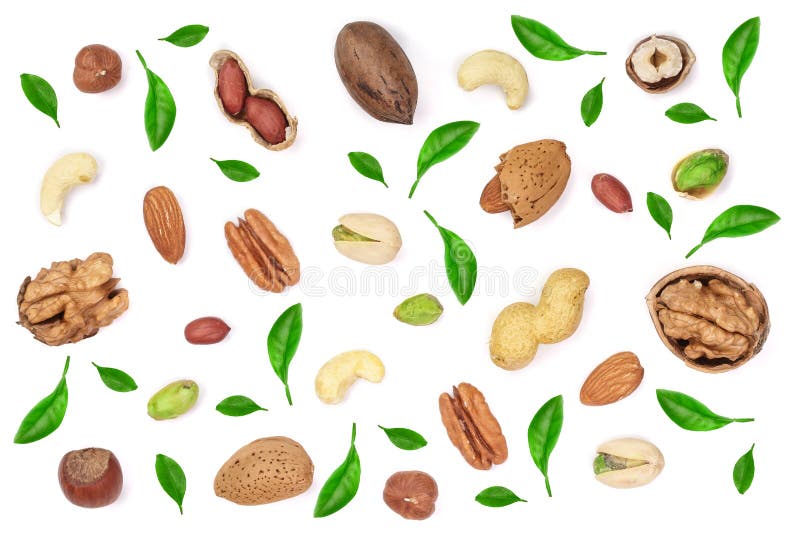Mix of different nuts decorated with green leaves isolated on white background, Flat lay pattern, Top view royalty free stock photos Mix of different nuts decorated with green leaves isolated on white background, Flat lay pattern, Top view royalty free stock photos