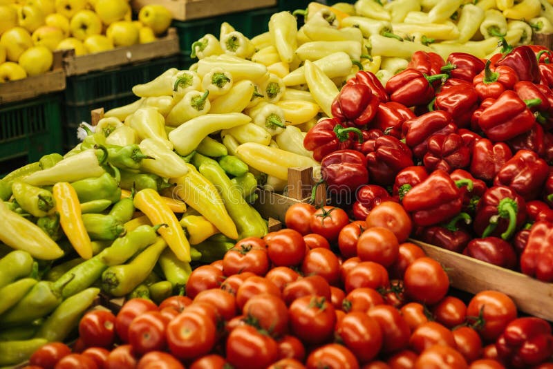 Mix of fresh tomato, peppers and paprika on the farm market. Natural local products on the farm market.