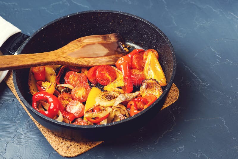 Mix of Fried Vegetables on Frying Pan. Stock Photo Image of cooking