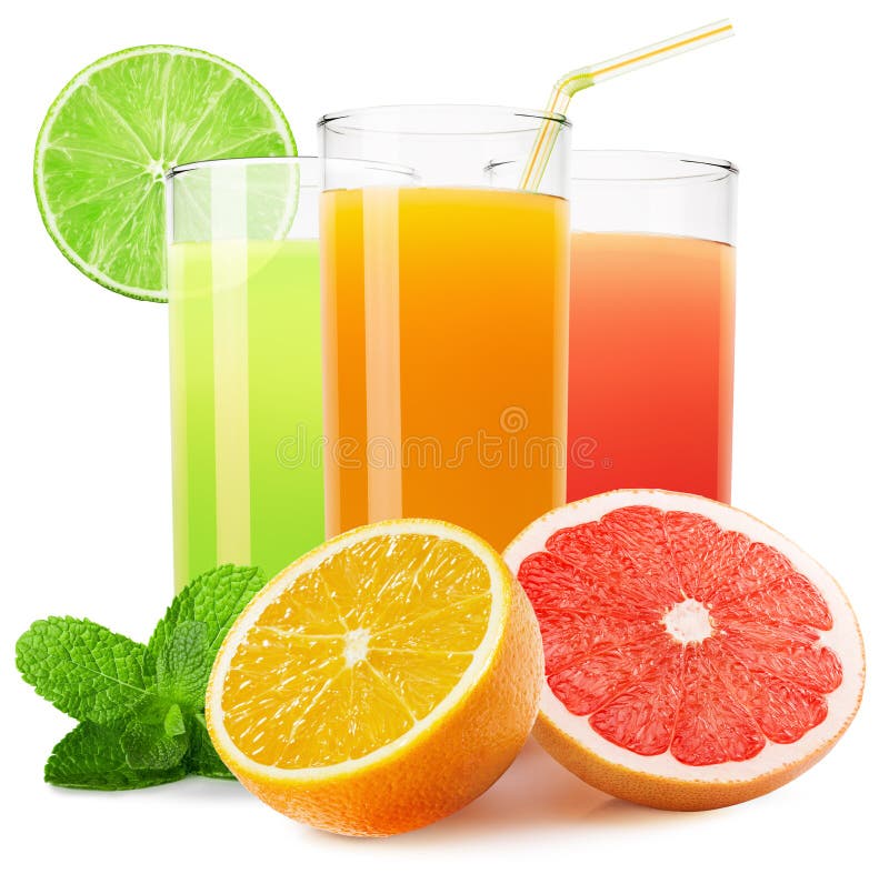 Mix of Fruit Juices Isolated on the White Background Stock Photo