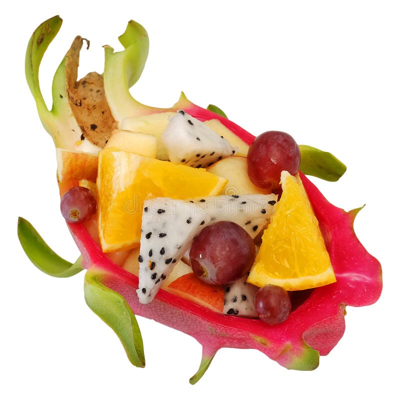 Mix Fruit Salad Served In Creative Dragon Fruit, Pitaya Rind Bowl Stock