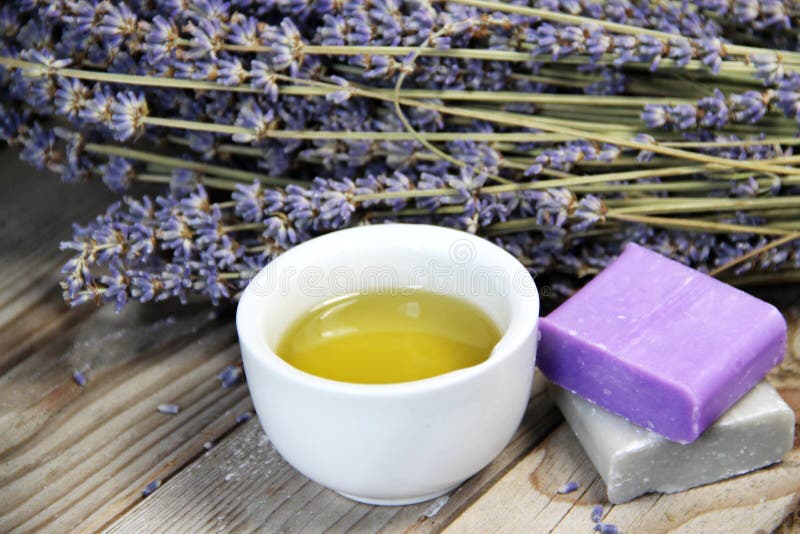 Mix of lavender flowers and cosmetic. Health, french.