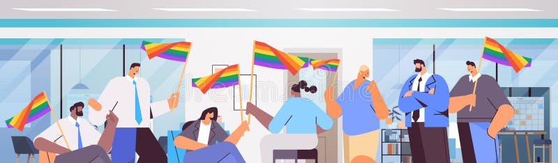 Mix Race Businesspeople Holding Lgbt Rainbow Flags Gay Lesbian Love Parade Pride Festival