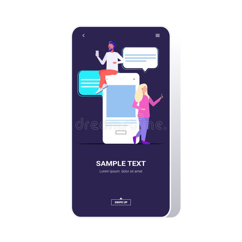 Mix race couple using chatting app social network chat bubble communication concept man woman near smartphone screen stock illustration