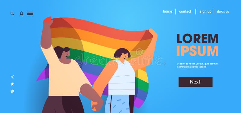 Mix Race Girls Holding Lgbt Rainbow Flag Gay Lesbian Love Parade Pride Festival Transgender Love