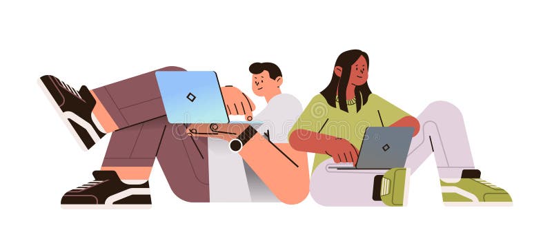 Mix race man woman couple using laptops social media communication digital addiction freelance concept stock illustration