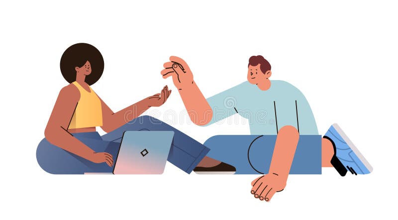 Mix race man woman discussing during meeting couple using laptop social media communication digital adiction vector illustration