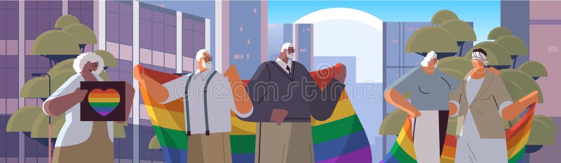 Mix Race Senior People Holding Lgbt Rainbow Flags Gay Lesbian Love Parade Pride Festival