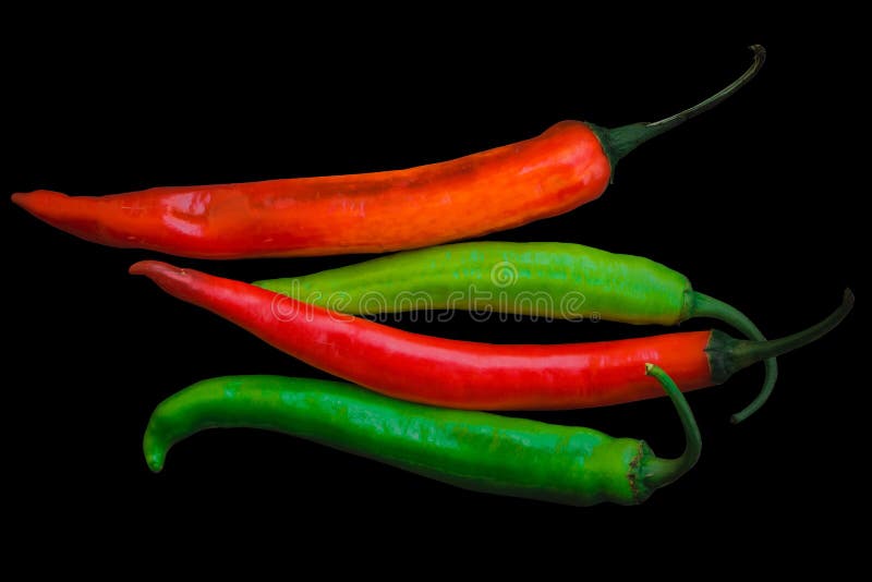 Red and Green Big Chilli peppers Isolated on black