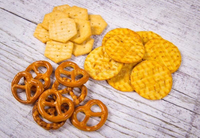 Mix of Snacks Pretzels, Crackers, Cookies. Stock Photo Image of