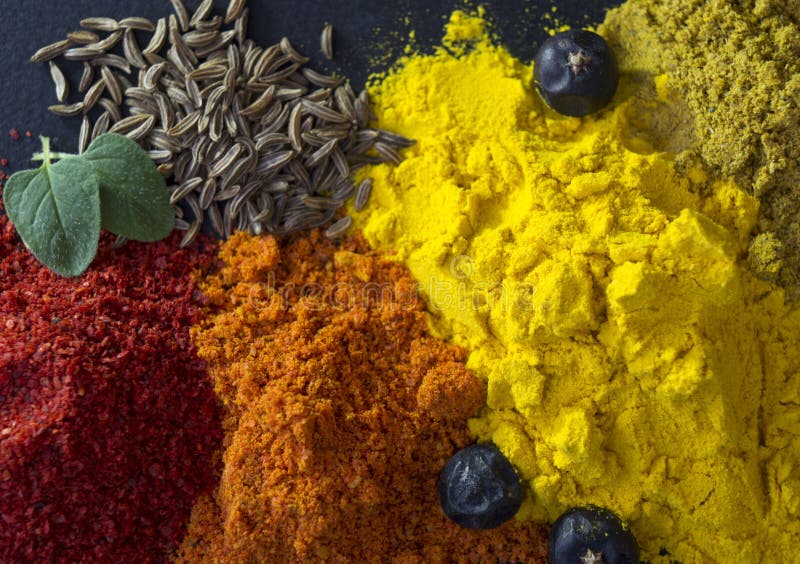 Mix Of Spices On Dark Background. Tumeric, Paprika Stock Image Image