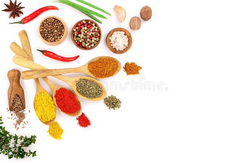 Mix of Spices in Wooden Spoon Isolated on a White Background with Copy  Space for Your Text. Top View. Flat Lay Stock Photo - Image of collection,  powder: 138395534