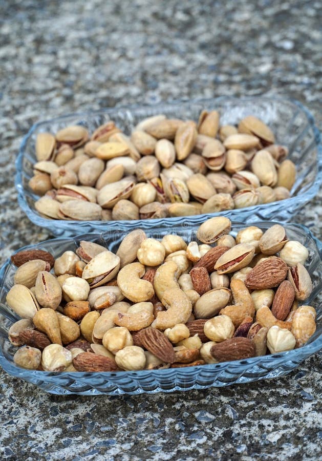 Mix of Various Salted Nuts on a Glass Bowl Stock Photo Image of group