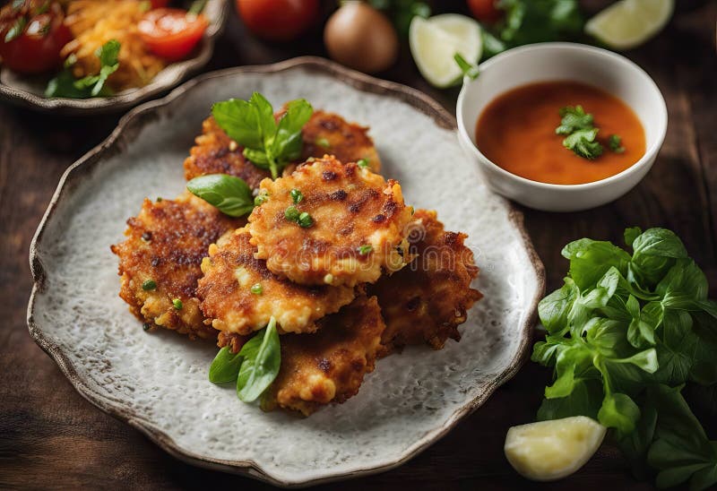 Mix Vegetable Fritters with a Dipping Sauce Stock Illustration Illustration of snack