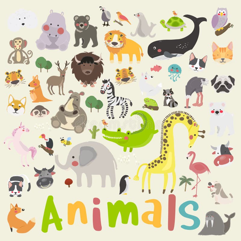 Mixed Animals Set Drawing Illustration Vector Stock Vector