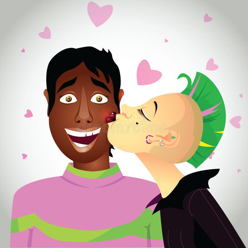 Mixed couple. White punk girl with colored hair kissing black hispanic man. Hispanic family cartoon vectors