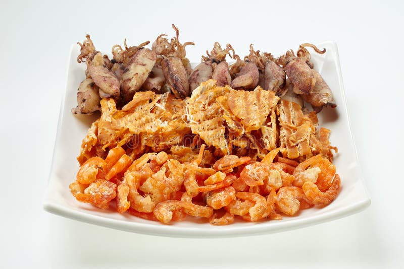 Mixed dry shrimp and squid stock photo. Image of fish 57873840