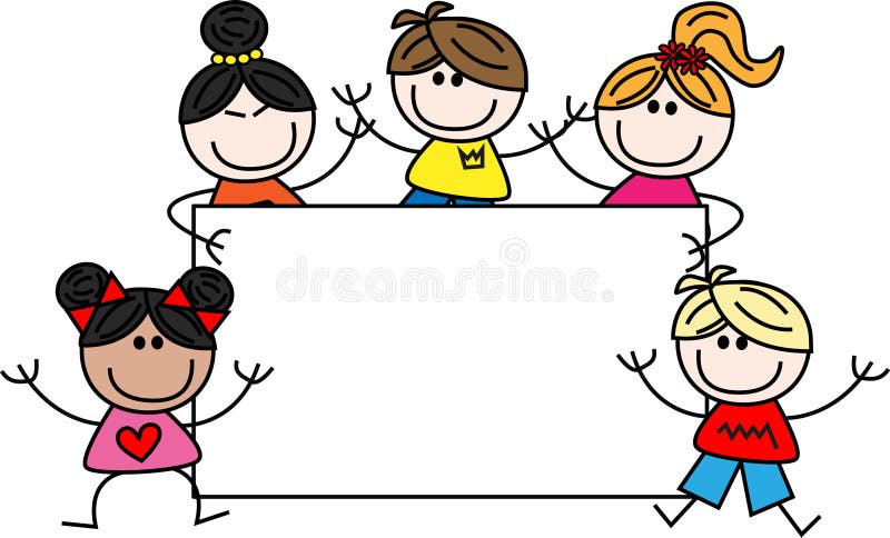 Mixed ethnic children with a big placard invitation event or header. Friendship borders vectors