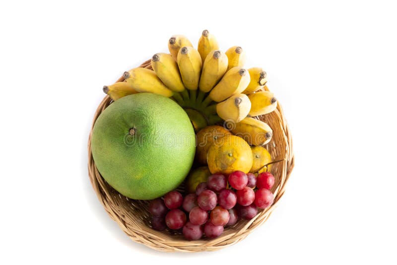 Mixed fruit basket of Pomelo grape Orange and banana. top view isolated on white background and clipping path