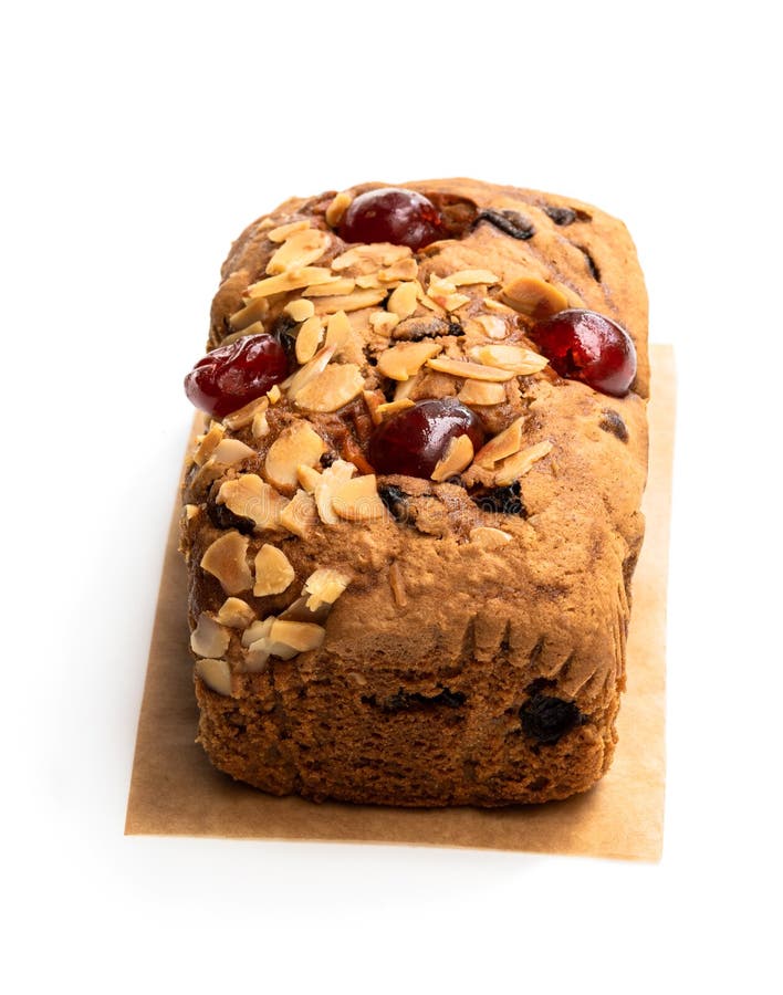 Mixed Fruit Loaf Cake with Almond Flakes Isolated on White Stock Image