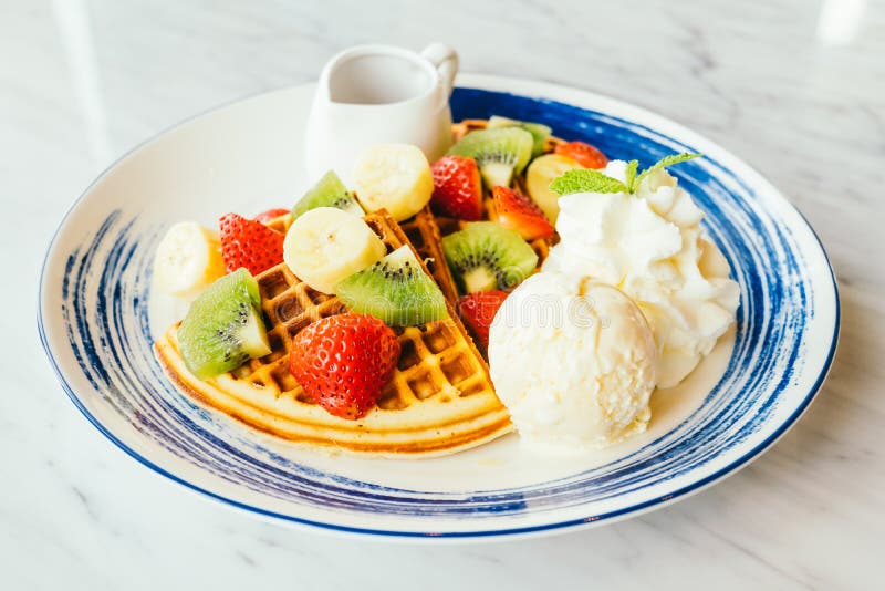 Mixed Fruit on Top of Pancake and Ice Cream Stock Photo Image of