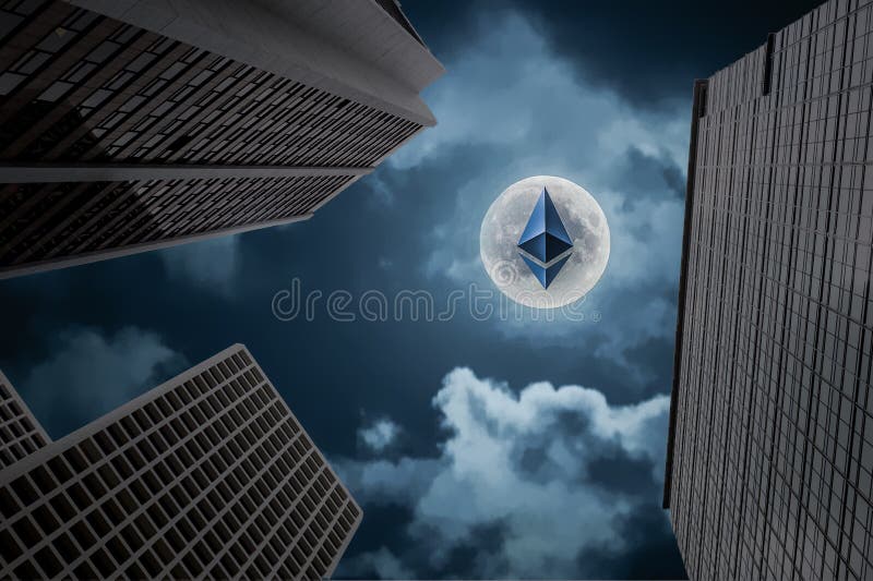 Mixed image which are ethereum crypto currency and business building on vintage blue color