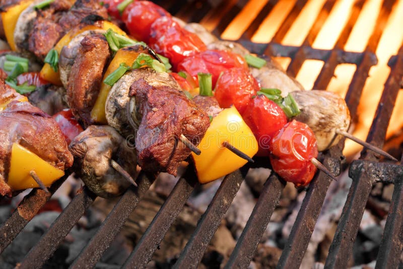 Mixed Meat And Vegetables Kebabs On Charcoal Barbeque Grill