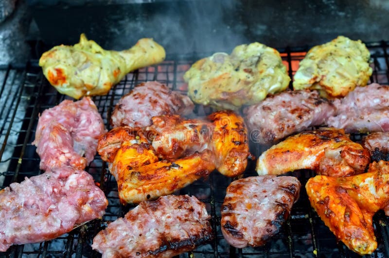 Mixed meats BBQ stock image. Image of fire, cooking, cook 58437641