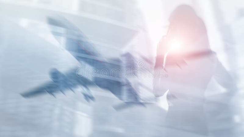 Mixed media abstract background. Airplane in the city on the background of buildings.