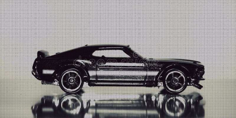 A macro photograph of black and white toy 1970s American muscle car reflecting on the road, with a dot-textured overlay. A macro photograph of black and white toy 1970s American muscle car reflecting on the road, with a dot-textured overlay.
