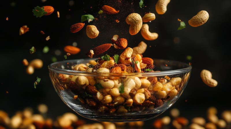 Mixed Nuts in the Glass Bowl Levitation Photography ilustracji